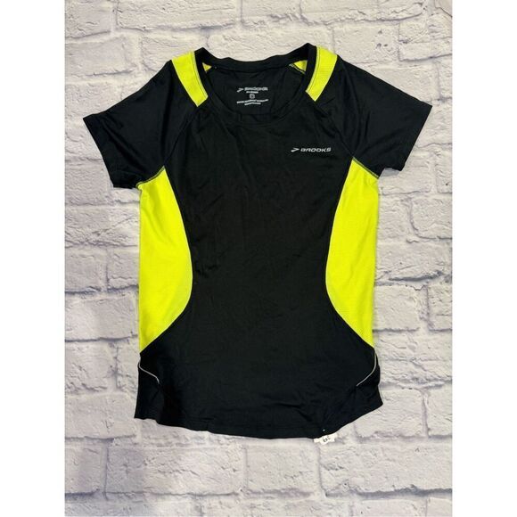 Brooks Nightlife Equilibrium Short Sleeve T-Shirt Top in Black/Neon Yellow Small - Picture 2 of 6